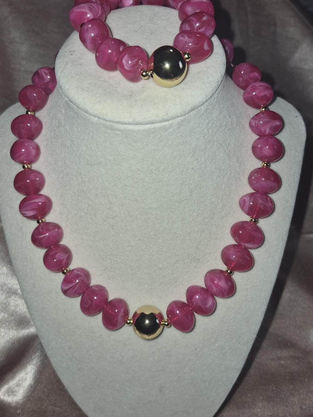 Elegant Pink Bead Necklace and Bracelet Set with Gold Accent